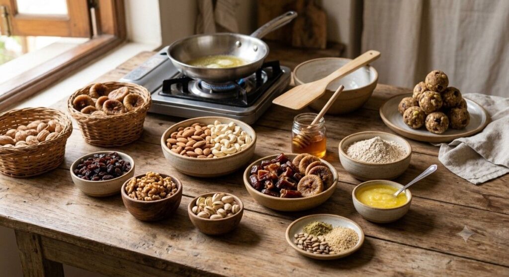 Healthy dry fruits laddu ingredients like almonds, cashews, dates, figs, seeds, honey, and ghee prepared on a wooden kitchen table for making nutritious laddus.