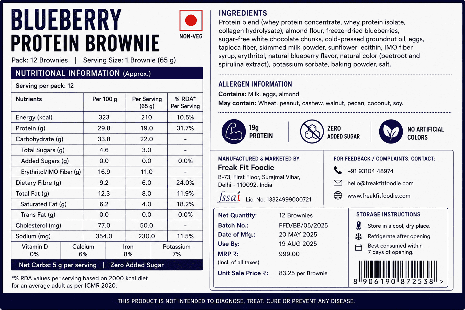 blueberry Protein Brownie | Dense , fudgy | 19g protein | 65g pack - Image 2