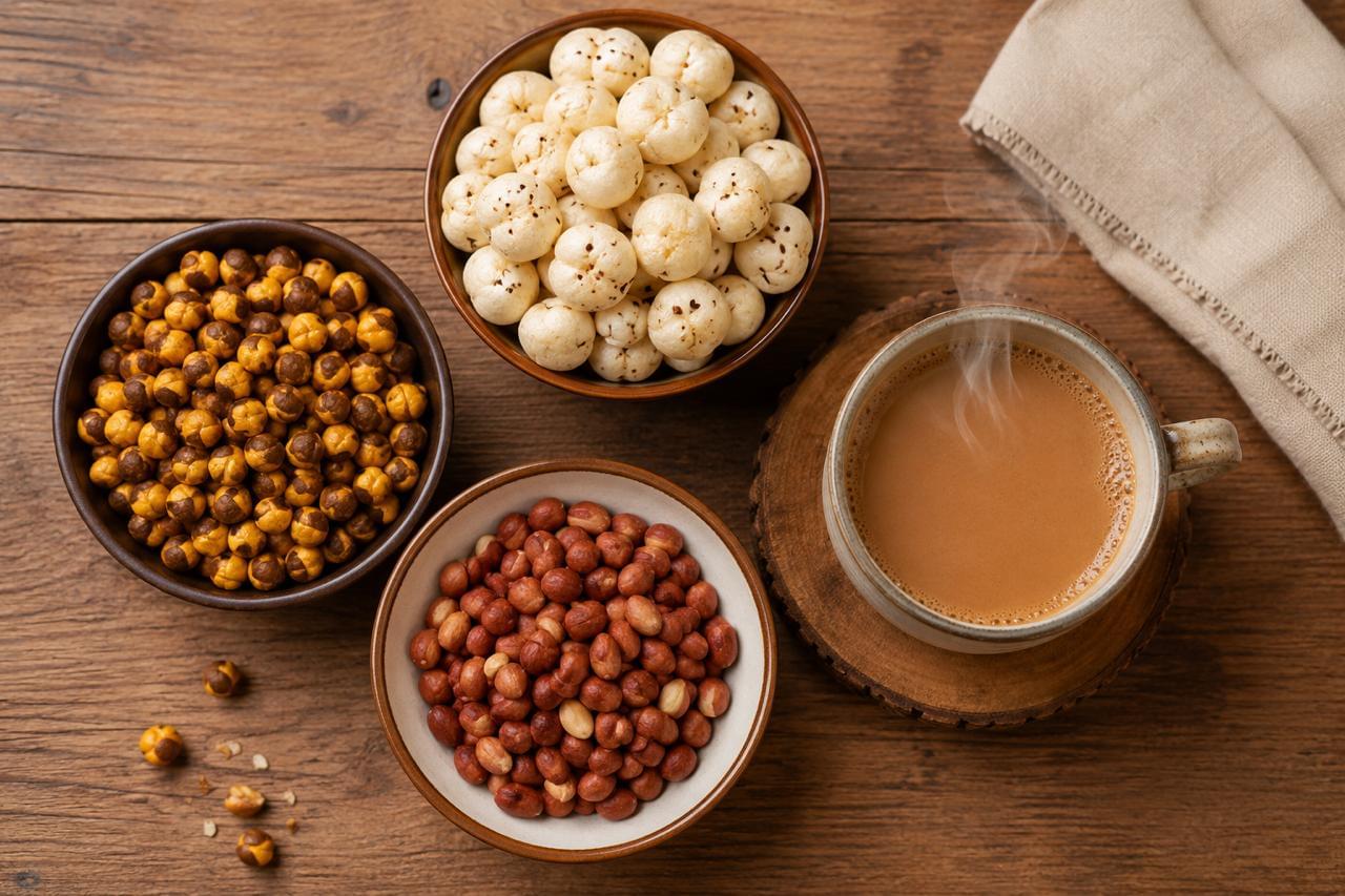 Roasted chana, makhana and peanuts served with masala chai as a healthy Indian snack
