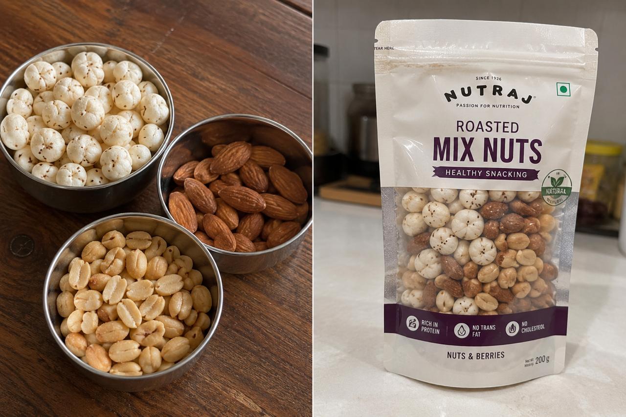 Healthy Indian packed snacks — roasted mix nuts pack next to homemade makhana and almonds