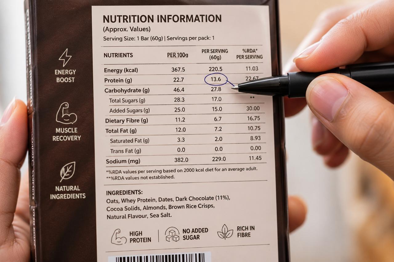 Reading a nutrition label to check packaged Indian snack
