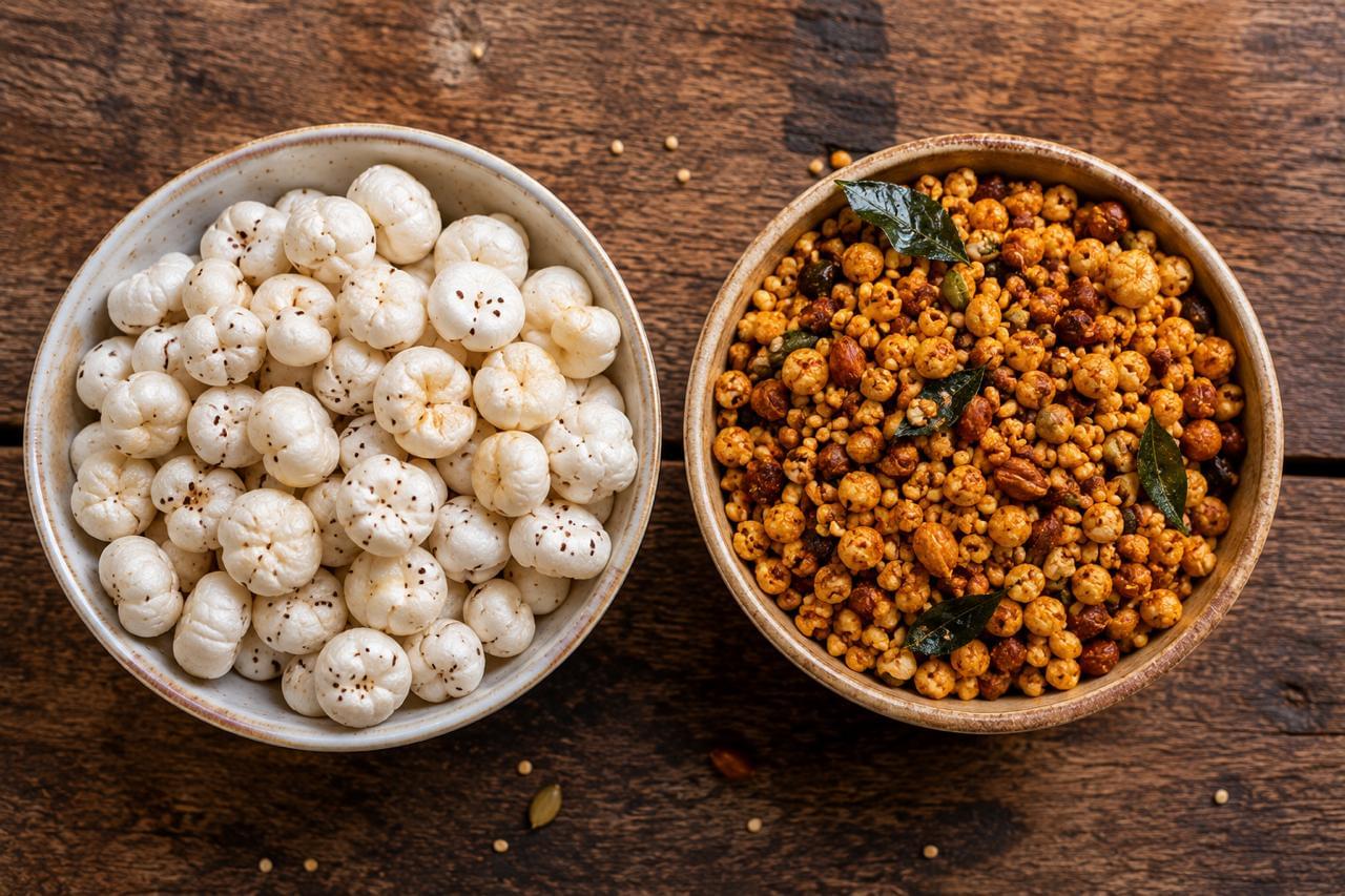 Plain roasted makhana compared with spiced roasted namkeen mixture for healthy snacking
