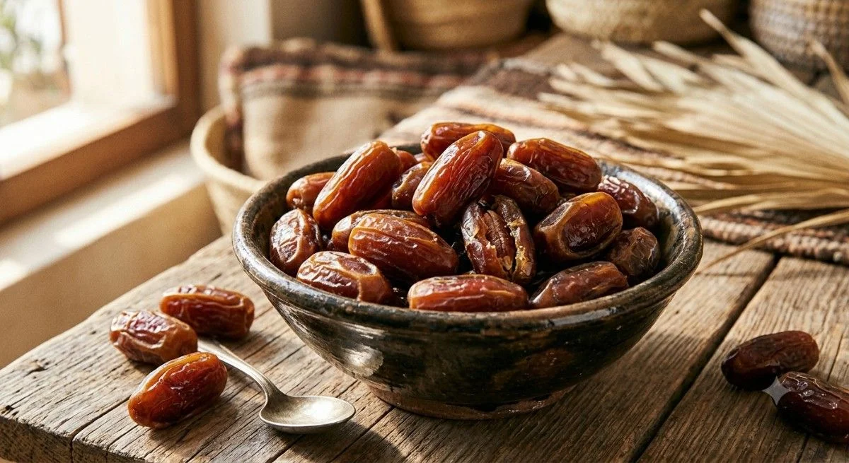 Dried dates in a bowl used as a natural sweetener for healthy dry fruit laddu ingredients.