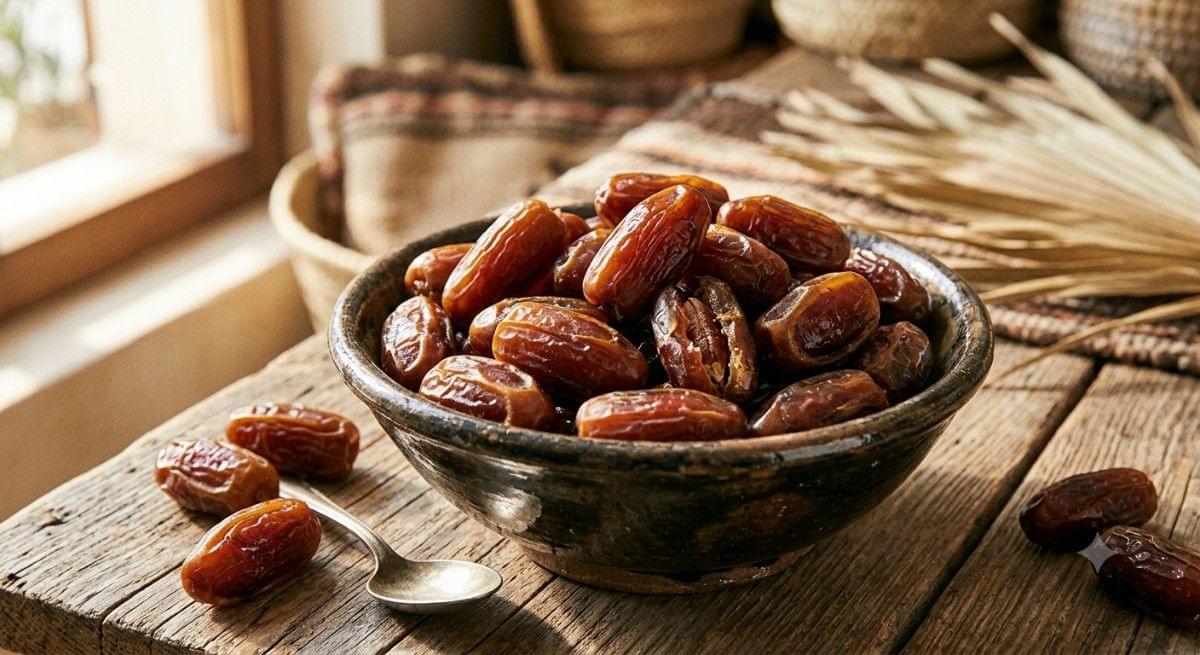 Dried dates in a bowl used as a natural sweetener for healthy dry fruit laddu ingredients.