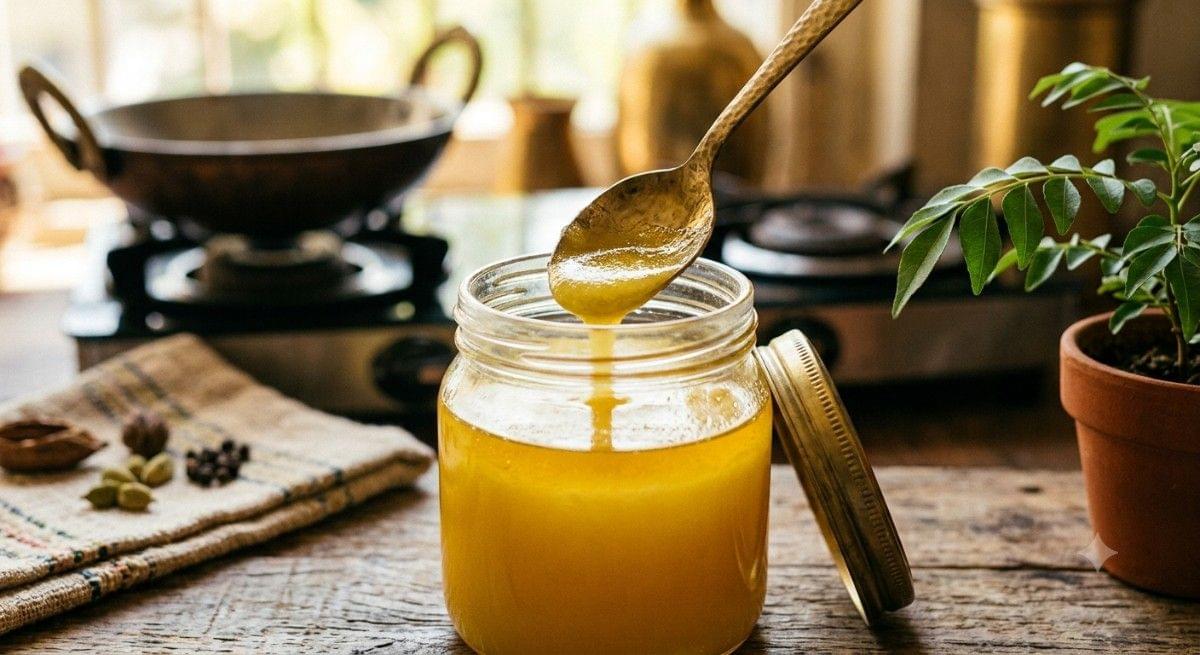 Melted ghee in a jar being poured, used as a key ingredient for binding healthy dry fruit laddus.