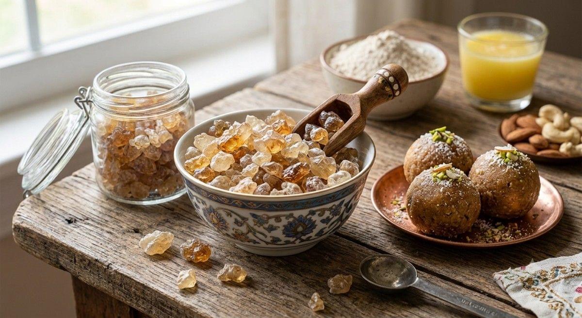 Edible gum (gond) used in dry fruit laddu recipe, shown with laddus, ghee, and nuts on a rustic table.