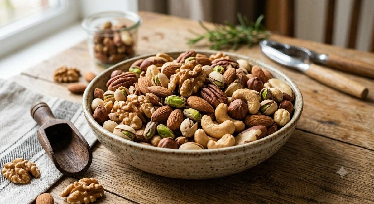 Assorted dry fruits and nuts used for making healthy dry fruit laddus, including almonds, cashews, walnuts, and pistachios.