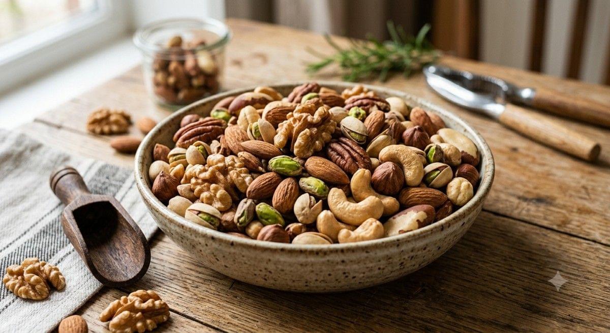 Assorted dry fruits and nuts used for making healthy dry fruit laddus, including almonds, cashews, walnuts, and pistachios.