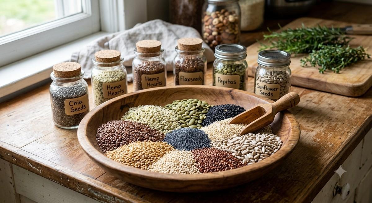Mixed healthy seeds like chia, flaxseeds, sunflower, pumpkin, and hemp used for making nutritious dry fruit laddus.