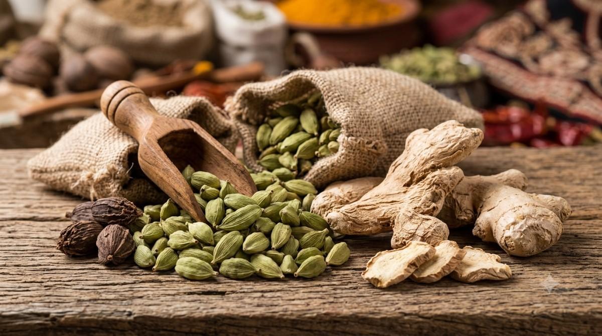 Cardamom pods and dried ginger used as natural flavoring in healthy dry fruit laddu recipe.
