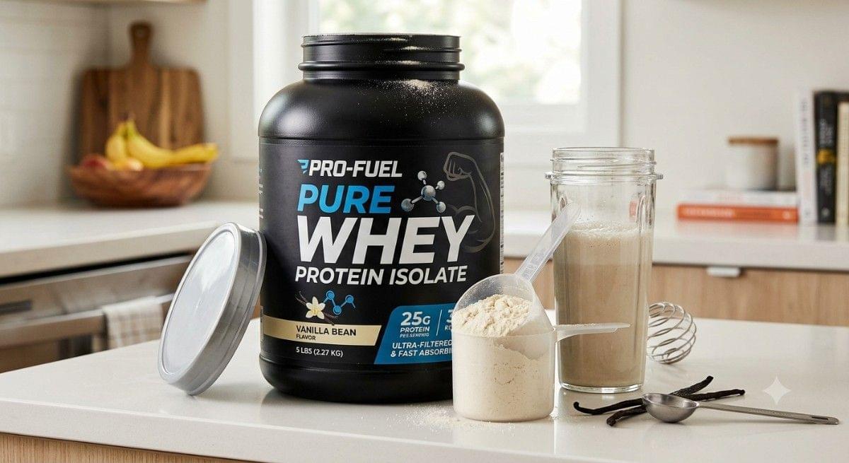 Pure whey protein isolate powder with scoop and shake, high-protein supplement for muscle recovery and fitness nutrition