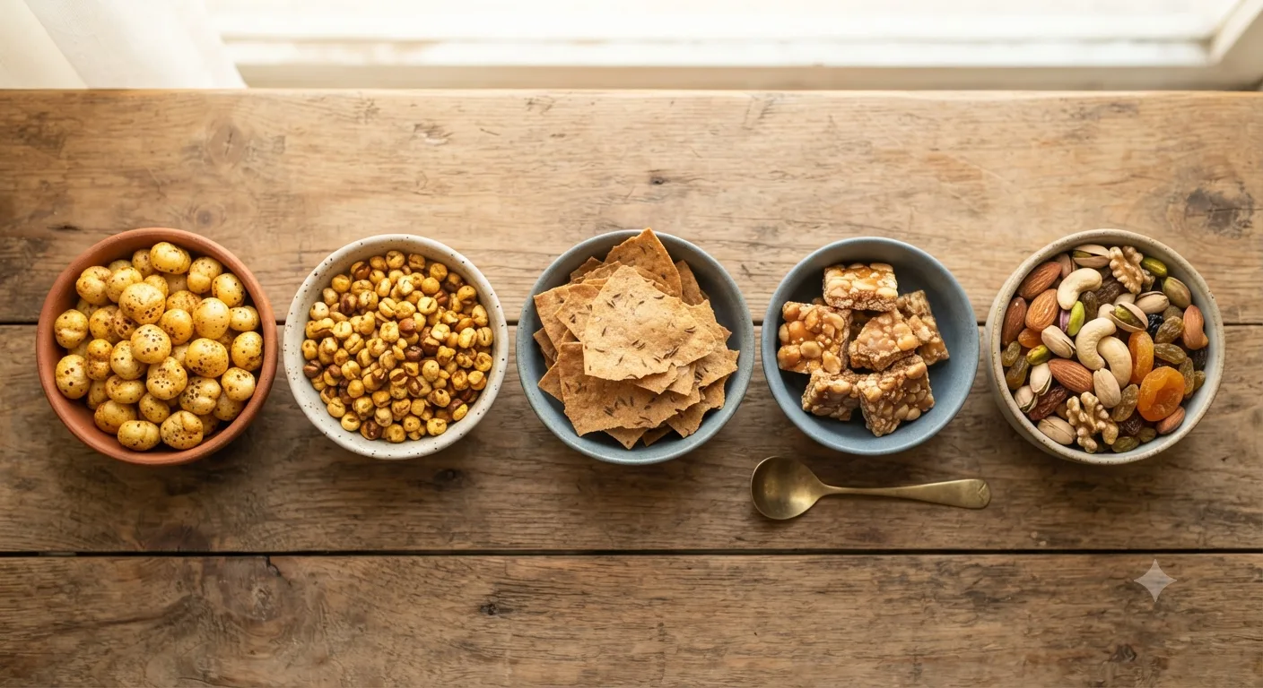 Dry snacks for traveling — roasted makhana, chana, khakhra and chikki dry snack items