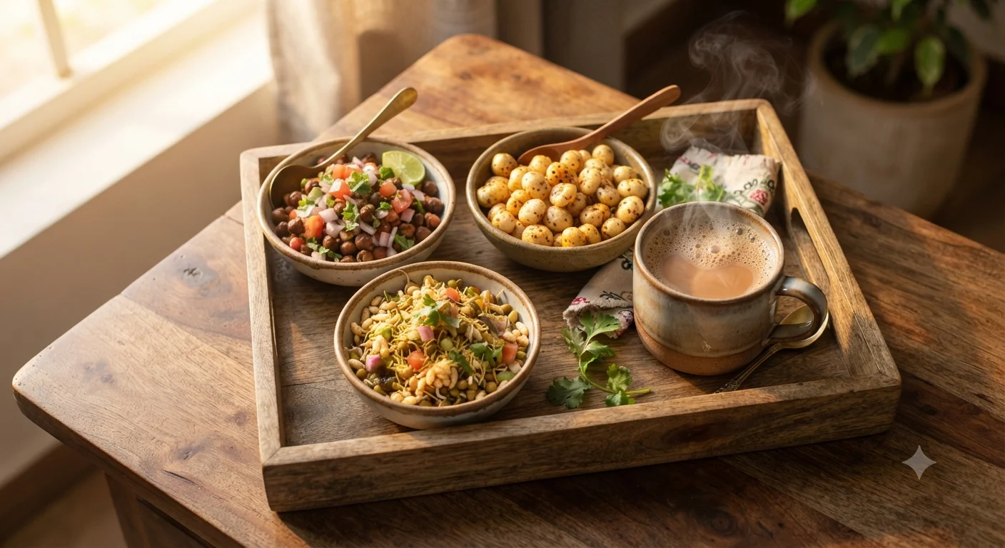 Best healthy evening snacks — roasted chana chaat, makhana, and sprouts bhel with chai