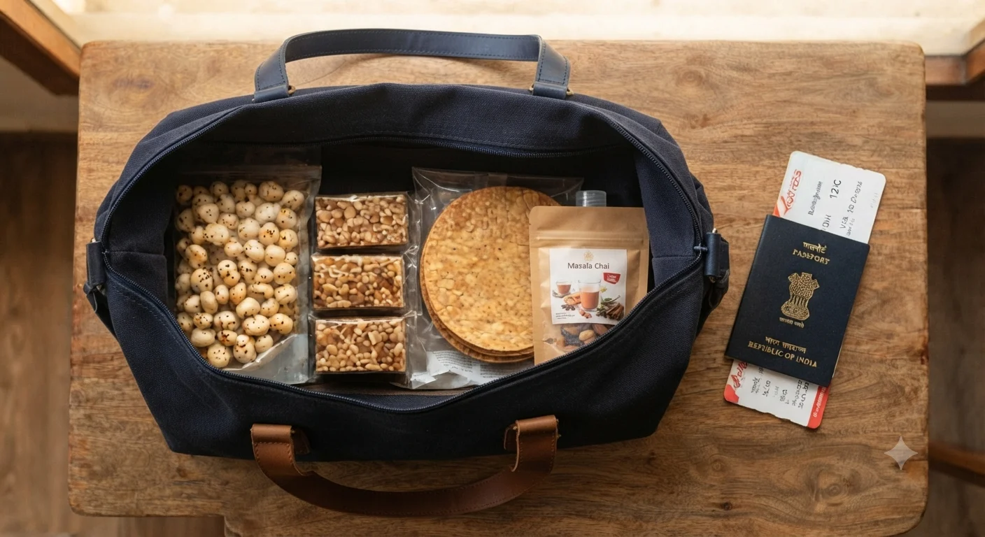 Healthy Indian snacks for travel packed in a bag for flights and road trips