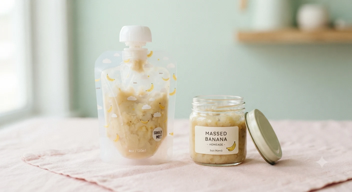 Healthy travel snacks for babies — mashed banana and baby food pouch