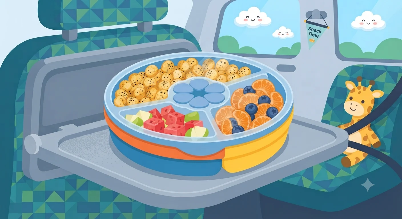 Healthy travel snacks for kids — makhana and fruit in a spill-proof container