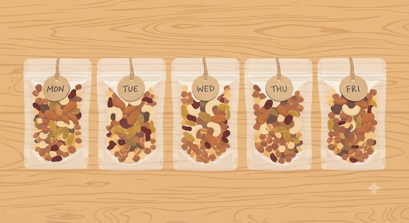 Healthy travel snacks for a long trip — daily portioned snack pouches