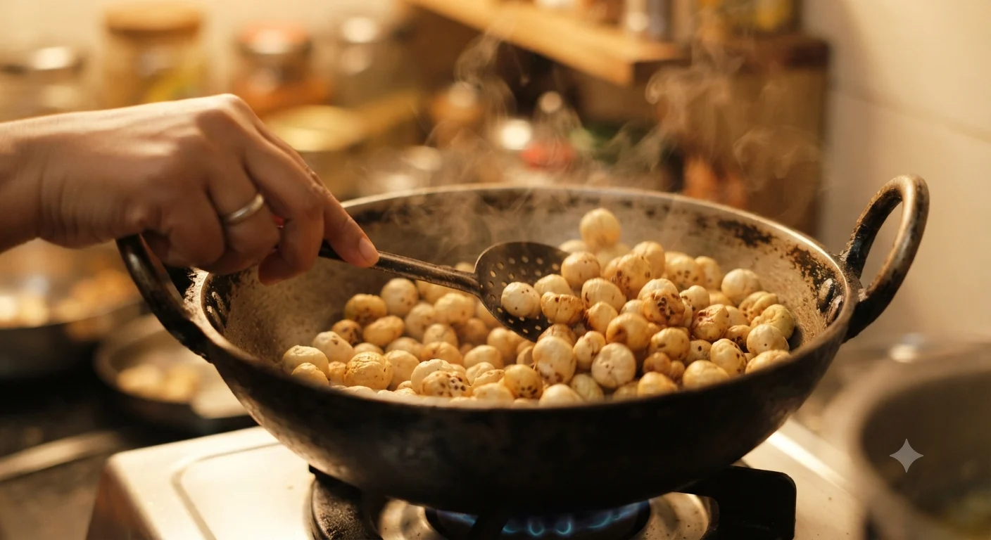 Homemade Indian snacks for travelling — roasting makhana for a healthy travel snack