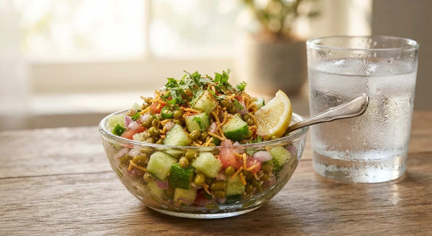 Light evening snack under 150 calories — cucumber-moong chaat