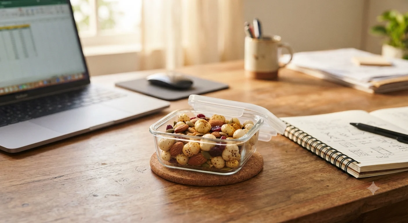 Office-friendly evening snack — roasted makhana trail mix in a desk container